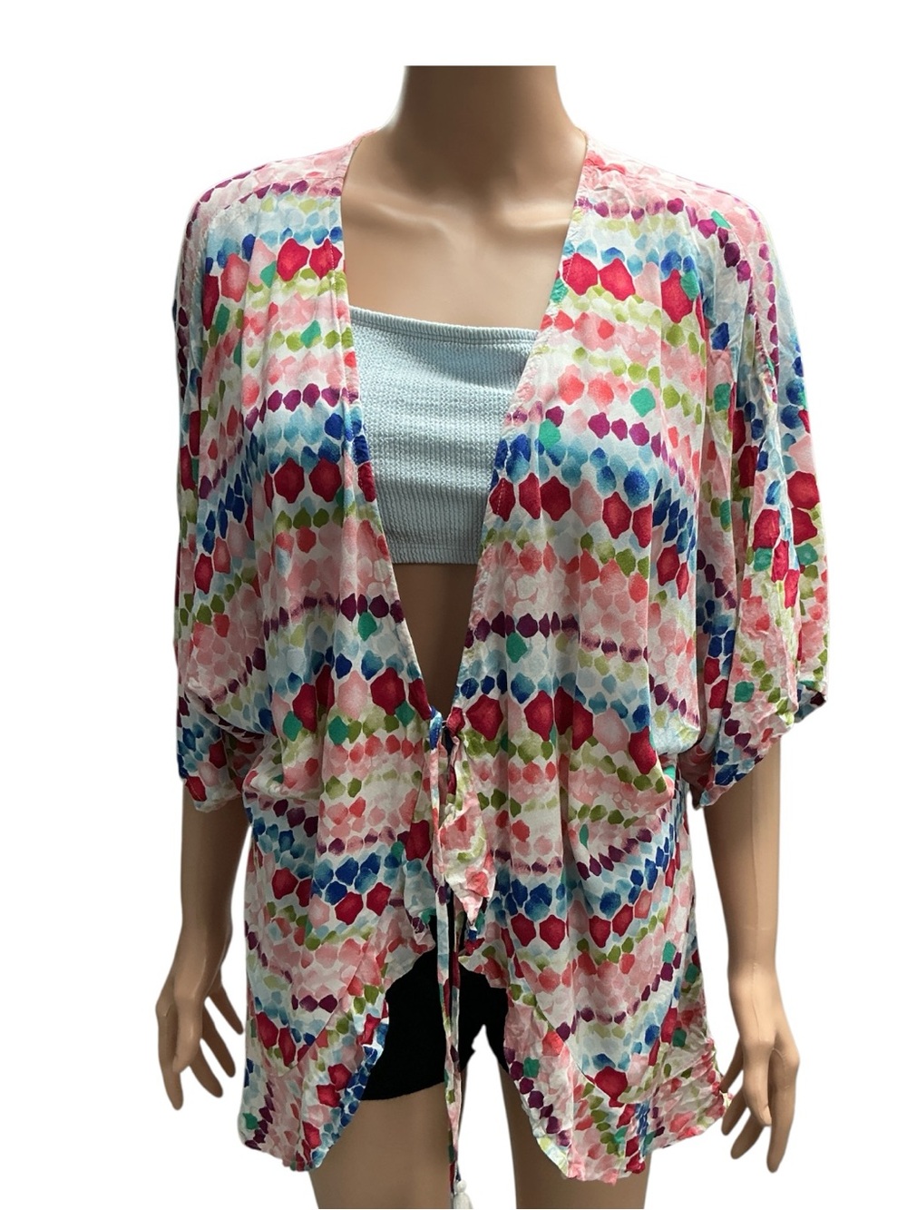 Alya - EC - Multicolor Watercolor Dot Tie-Front Kimono Cover-Up